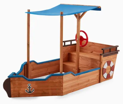 Produktbild von HOME DELUXE - Sandkasten MATSCHEKISTE - Segelschiff inkl. Bodenplane und Dach - Maße: 160 x 78 x 103 cm - inkl. Montagematerial I Holzsandkasten Piratenboot Sandbox