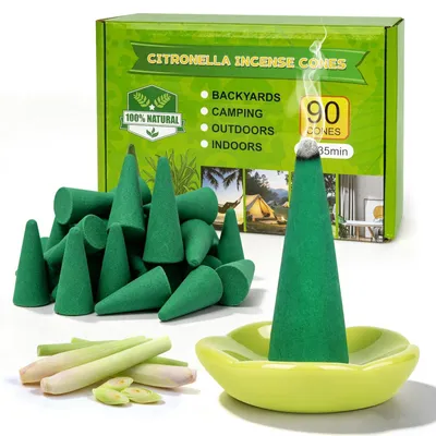 Imagen del producto de Conos de incienso, 90 unidades - Aceite esencial de citronela natural - Larga duración - Quemador de incienso - Ideal para jardín, terraza o balcón - Incienso