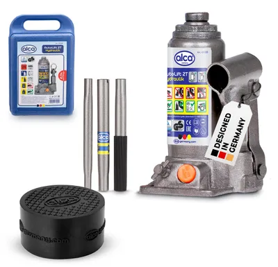 Obrázok produktu pre alca® Stamp jack set I Hydraulický zdvihák 2t v kufríku s gumovou podložkou I Výška zdvihu 158-308 I Zdvihák certifikovaný a testovaný GS, plniteľný