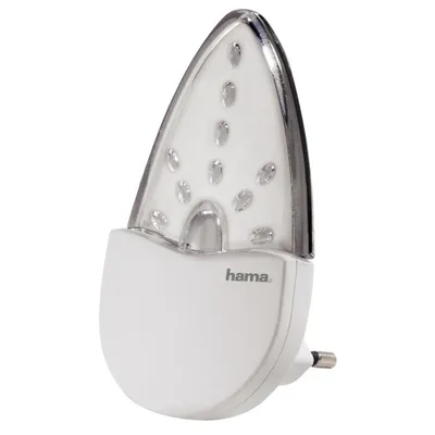 A white night light with a clear, pointed top containing multiple LED lights and the brand name 'hama' printed on the front.