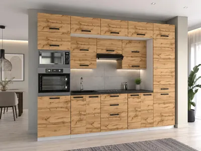 Produktbild von ULWEHOME | Küchenzeile 300 cm Eiche Wotan, Küchenmöbel-Set mit Backofen-Mikrowellenschrank, Vorratsschrank & geteilten Arbeitsplatten 120 cm, KI-generiertes Bild