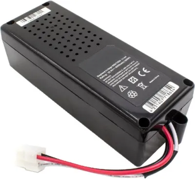 A black rechargeable battery pack with wires and a connector.