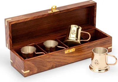 Produktbild von Maritim Rumbecher in der Holzbox aus Messing und Kupfer innen versilbert