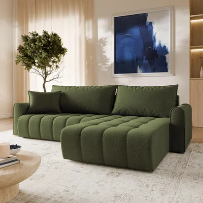 Produktbild von Masseno Ecksofa FRIGA mit Schlaffunktion L-Form, Sofa mit Bettkasten, Wohnzimmersofa, Couch, Soffa, Bettsofa, Couchgarnitur- Olivgrün, ARAGON 39