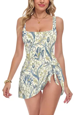 Produktbild von Elzusha – Vintage, einteiliges Badekleid in Blau mit Tulpenmuster für Damen