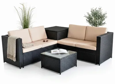 Immagine prodotto di Mucola mobili da giardino set di sedute divano polyrattan set di sedute cuscino box divano angolare zona giorno salotto design - nero
