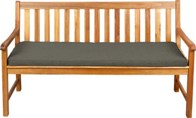 A wooden bench with a dark gray cushion, presented against a white background.