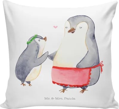 Produktbild von Mr. & Mrs. Panda Deko Kissen Pinguin mit Kind - Weiß - Geschenk, Vorbild Mama, Dekokissen, Zierkissen, Tochter, Muttertag, 40x40, Kuschelkissen, Beste, für sofa