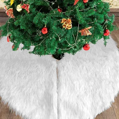 Produktbild von Ikodm Weihnachtsbaumdecke 78 cm aus Langplüsch und Vliesstoff, runder Christbaumrock mit 10 cm Mittelöffnung in Weiß