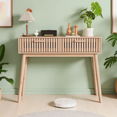 Image de Table console INONEFT avec 2 tiroirs, table d'entrée en bois, table d'appoint, adaptée aux chambres et aux salons, dimensions 35x100x80 cm, couleur bois naturel