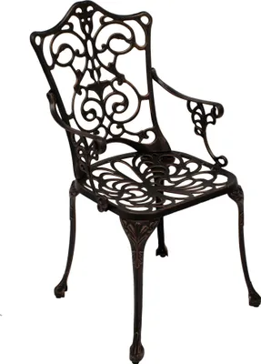 A single ornate garden chair made of cast aluminum in a bronze antique finish, presented against a plain white background.