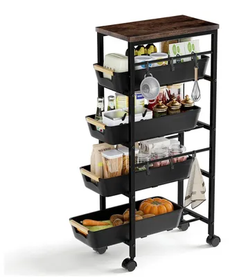 Productafbeelding van Solidchoice - Smalle Opbergtrolley met Houten Plank en 5 Laagjes