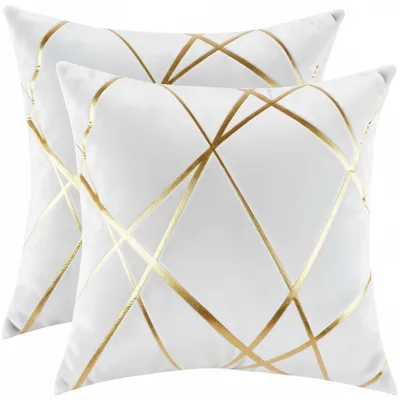 Produktbild von Set mit 2 Samtkissenbezügen, goldene Linienzeichnung, 40 x 40 cm, weiß, dekorative Kissenbezüge für Sofa, Schlafzimmer oder Sessel