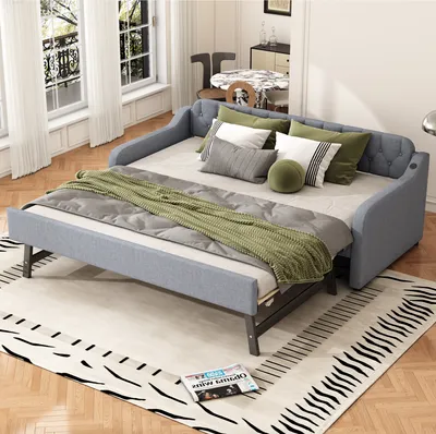 Produktbild von okwish Schlafsofa Daybett 90x200cm mit ausziehbares Rollbett und USB-Anschluss, Tagesbett Kinderbett Jugendbett Sofabett aus Holz(Ohne Matratze)- Grau