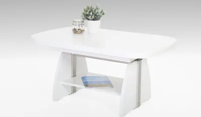 Image de Table basse avec fonction, table de salon Colin ovale -Reproduction blanc - hauteur réglable par ascenseur et extensible - grande étagère - dimensions 108-157x67cm