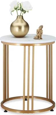 Produktbild von Beistelltisch MARMO, für Wohnzimmer, Metall & MDF, marmorierte Optik, runder Couchtisch HxD: 51 x 41 cm, weiß/gold