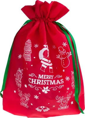 A red Christmas gift bag with white Christmas-themed illustrations and text.