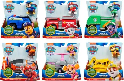 A collage of six different Paw Patrol toy sets, each featuring a character and their vehicle, displayed in their original packaging.