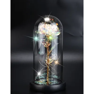 Obrázok produktu pre Krištáľová večná ruža v sklenenej kupole s LED svetlom - 21 cm biela