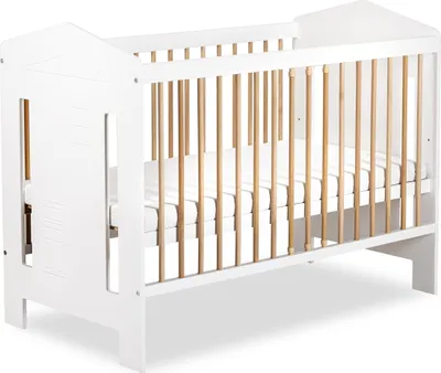 Produktbild von Babybett 120x60 cm Weiß / Buche - Skandinavisches Kinderbett aus Holz - Höhenverstellbares Gitterbett