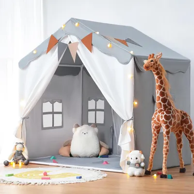 Produktbild von Kinderspielhaus Kinderzelt Spielzelt - 2-in-1 Bettzelt - 130 x 90 x 130 cm - Grau - Für Drinnen mit Matte und Lichterkette