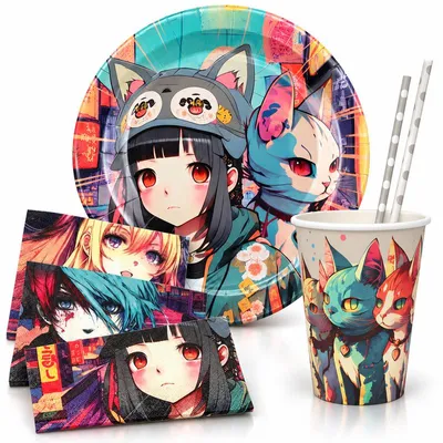 Produktbild von 52 tlg. Partyset Manga Anime Party Deko Set Kindergeburtstag Katze Teller Becher Servietten