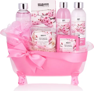 Produktbild von BRUBAKER Cosmetics Bade- und Dusch Set Kirschblüte - 8-teiliges Geschenkset in dekorativer Wanne