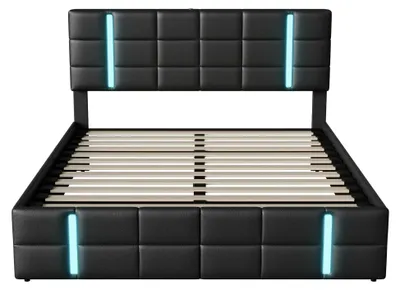 Produktbild von Polsterbett 140x200 cm - Hydraulisches Doppelbett mit Stauraum - LED-Beleuchtung - USB-Ladeanschluss - Kunstleder - bis 360 kg belastbar - Schwarz