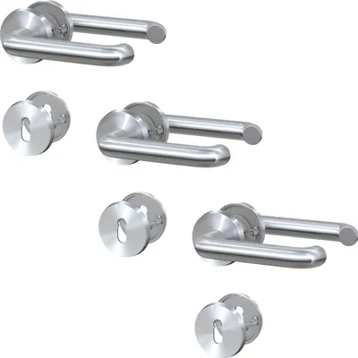 A collection of stainless steel door handles with keyhole escutcheons, arranged in a grid.