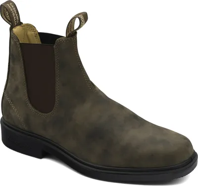 A single brown leather boot is shown against a white background.