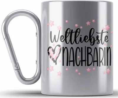 Produktbild von Trendation - Beste Nachbarin Edelstahl Tasse Karabiner Geschenk Geburtstag Freundin Lieblings Nachbarin Geschenkidee Weltliebste Nachbarin Abschied Abschiedsgeschenk (Silber)