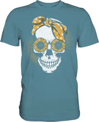 Produktbild von Totenkopf Sonnenblumen T-Shirt Garten Motiv Gärtner Geschenk – Stone Blue / S