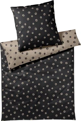 Produktbild von elegante Mako-Satin-Bettwäsche-Garnitur Paws Farbe Schwarz-Beige Größe 155x200+80x80
