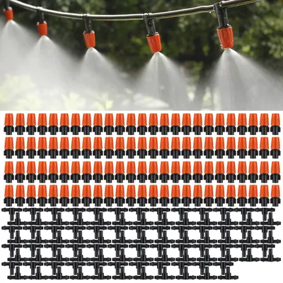 Imagen del producto de Kit de riego por goteo, 100 boquillas de micro-aspersión, 3 conectores en T, color naranja, para riego de jardines