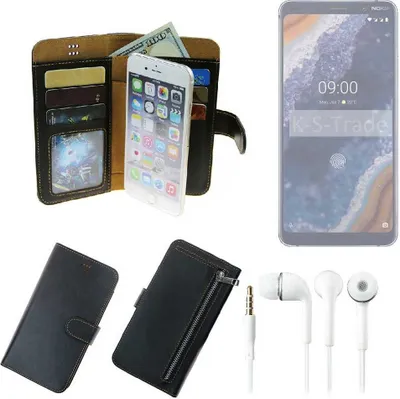 Produktbild von TOP SET Handy Hülle Schutz Hülle kompatibel mit Nokia 9  schwarz aus Kunstleder + Kopfhörer Smartphone Tasche vollwertige Geldbörse  K-S-Trade®