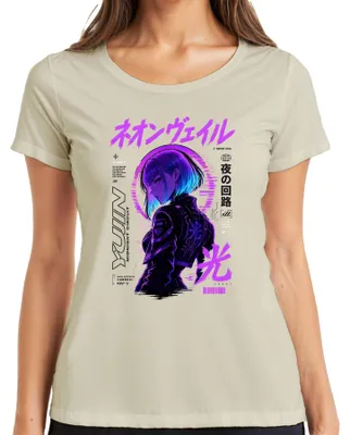 Zdjęcie produktu dla Neonowa zasłona, cyberpunkowy anime, japońska kobieta, japońskie znaki kanji, styl Y2K, koszulka damska dla fanów anime, kolor naturalny, rozmiar XXL