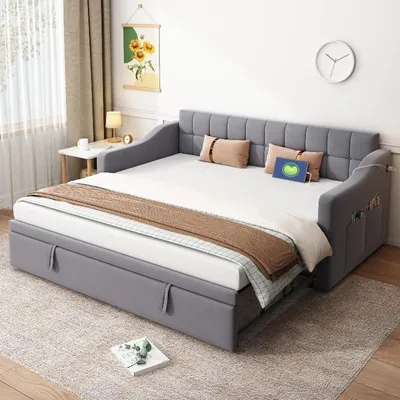 Imagen del producto de Sofá cama 2 en 1 de 90x190 cm, con colchón extraíble de 90x180 cm, sofá tapizado en terciopelo gris con puertos de carga USB y bolsillo de almacenamiento