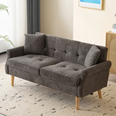 Obrázek produktu pro Merax 2místná rozkládací pohovka se silnými polštáři, dřevěnými nohami a područkami, 162x74x77 cm, čalouněná rozkládací pohovka v šenilové látce do obývacího pokoje/ložnice