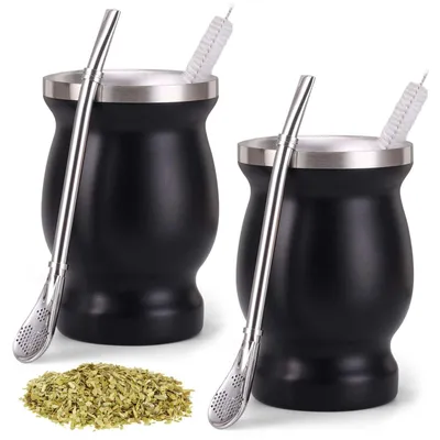 Immagine prodotto di Tazza termica a doppia parete - 2 pezzi - Acciaio inossidabile - Set per tè alla yerba mate - Cucchiaino con cannuccia - Isolamento termico da 6-12 ore