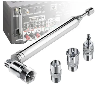 A telescopic antenna and several adapters are displayed against a white background, with the rear panel of an audio receiver partially visible in the background.