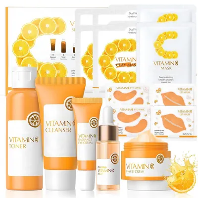 Zdjęcie produktu dla Zestaw do pielęgnacji skóry twarzy z witaminą C, 5-częściowy, zawierający: preparat do oczyszczania, tonik, serum, krem na twarz i krem pod oczy