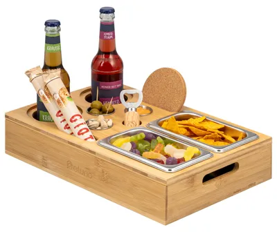 Image de Plateau de service eluno Couchbar, plateau de canapé en bambou avec bols à apéritif en acier inoxydable et porte-gobelet.
