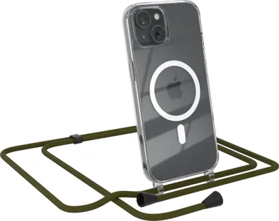 Produktbild von EAZY CASE - Handykette kompatibel mit Apple iPhone 15 Kette zum Umhängen Stoßfest Handyhülle für Apple iPhone 15 Silikon Hülle mit Band Handytasche Transparent als Fallschutz in Grün - Clips Schwarz