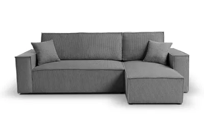 A gray sectional sofa with corduroy texture, shown from the front on a white background.