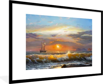 Produktbild von MuchoWow® Gerahmtes Poster Malerei - Wasser - Segelboot - Ölfarbe 90x60 cm - Poster mit Schwarzem Bilderrahmen Wandposter Rahmen Foto Bilder - Wanddekoration - Fotos