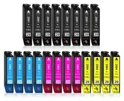 A collection of printer ink cartridges arranged in rows.