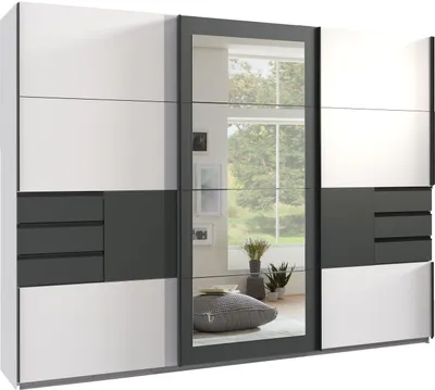 Produktbild von Schwebetürenschrank >LUZERN< in WEISS + GRAPHIT + SPIEGEL - 270x208x64cm (BxHxT)