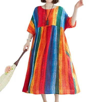 Produktbild von Vintage Frauen Baumwolle Leinen Kleid Druck gespleißt gestreift gestreift O-Ausschnitt Kurzarm Tasche lockeres Kleid