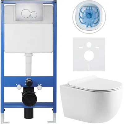 Imagen del producto de CERANO - Juego completo de inodoro empotrado Lite/Felci - blanco brillante - Botón de descarga doble, cromo - Instalación mural - 52,5 x 36 cm