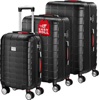 Produktbild von MONZANA® 3tlg. Kofferset Exopack TSA Schloss Hartschalen Koffer M-L-XL Gel-Griffe 4 Zwillingsrollen Standfüße Trolley Rollkoffer Reisekoffer Schwarz